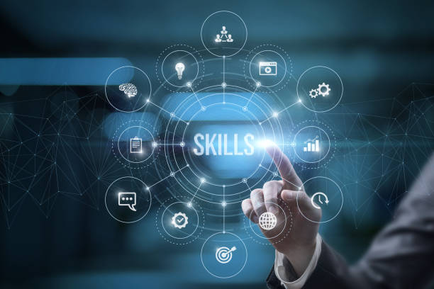 businessman on virtual computer screen click on skills on blurred background.